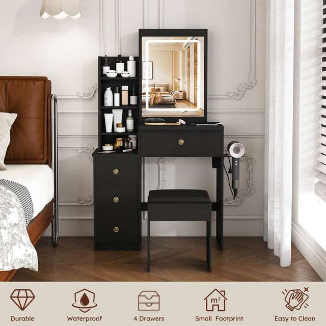 Alt view image 5 of 7 - Modern Vanity Desk ,featuring 3 modes of LED lighting with adjustable brightness , with 4 drawers and multiple open storage shelves, with a hair dryer holder and power socket, a dressing chair. Black