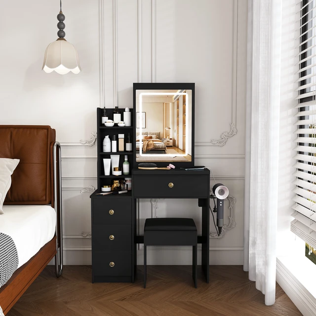 Alt view image 2 of 7 - Modern Vanity Desk ,featuring 3 modes of LED lighting with adjustable brightness , with 4 drawers and multiple open storage shelves, with a hair dryer holder and power socket, a dressing chair. Black