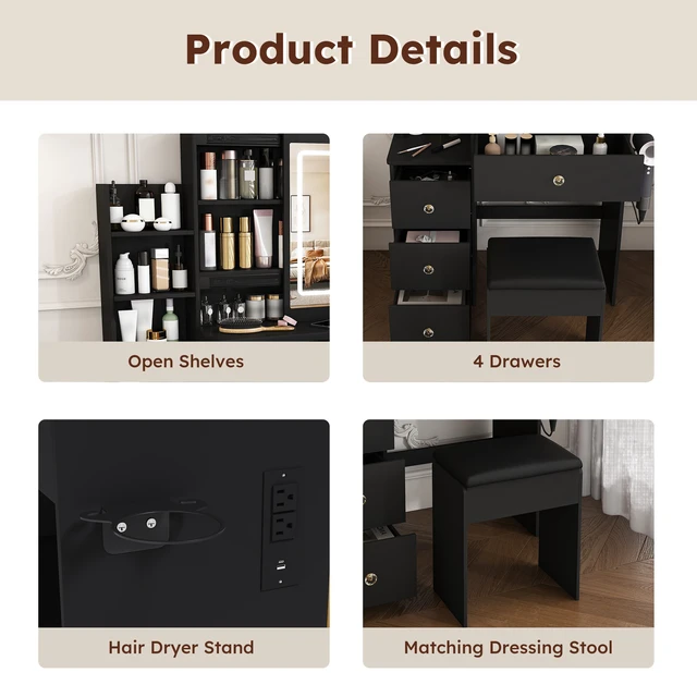 Alt view image 7 of 7 - Modern Vanity Desk ,featuring 3 modes of LED lighting with adjustable brightness , with 4 drawers and multiple open storage shelves, with a hair dryer holder and power socket, a dressing chair. Black
