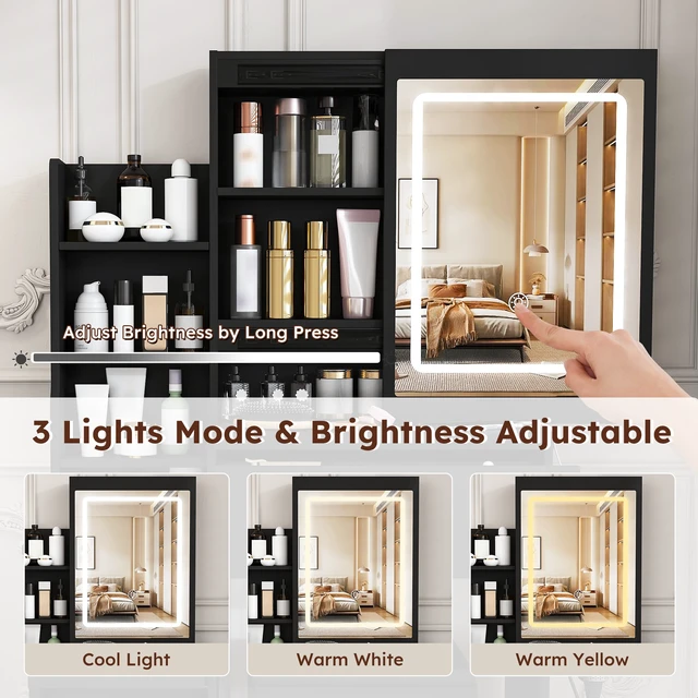 Alt view image 6 of 7 - Modern Vanity Desk ,featuring 3 modes of LED lighting with adjustable brightness , with 4 drawers and multiple open storage shelves, with a hair dryer holder and power socket, a dressing chair. Black