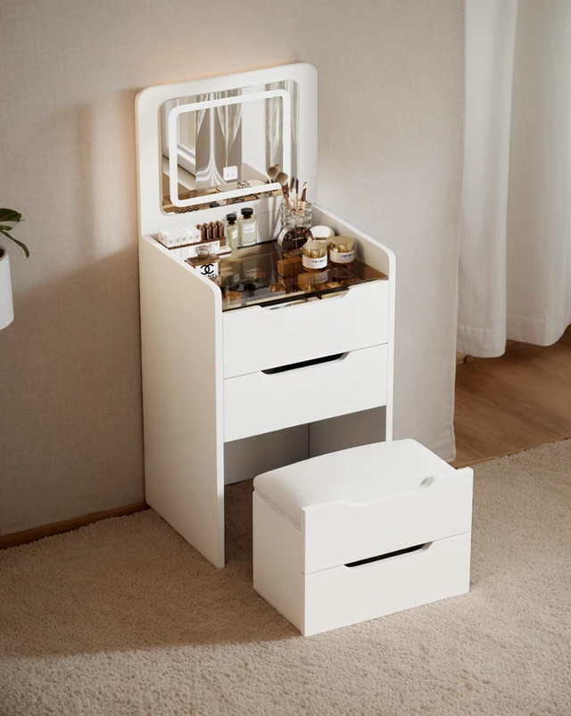 Alt view image 4 of 7 - (60CM) 3 in 1 Vanity Desk with Plip Top Mirror, Small Make Up Vanity Set with Visible Glass Desktop, Compact Makeup Vanity with 3 Drawers, Cushioned Tool, Dressing Table for Bedroom