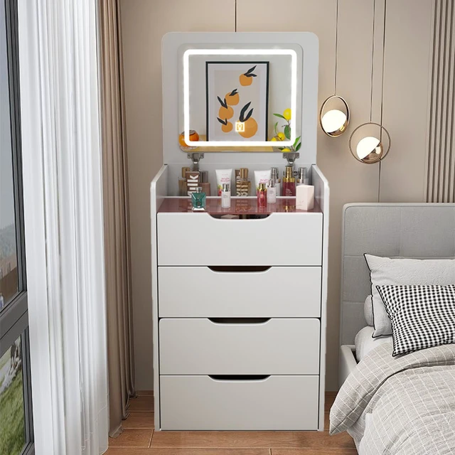 Alt view image 6 of 7 - (60CM) 3 in 1 Vanity Desk with Plip Top Mirror, Small Make Up Vanity Set with Visible Glass Desktop, Compact Makeup Vanity with 3 Drawers, Cushioned Tool, Dressing Table for Bedroom
