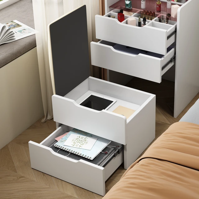 Alt view image 7 of 7 - (60CM) 3 in 1 Vanity Desk with Plip Top Mirror, Small Make Up Vanity Set with Visible Glass Desktop, Compact Makeup Vanity with 3 Drawers, Cushioned Tool, Dressing Table for Bedroom