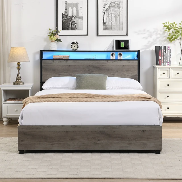 Alt view image 4 of 7 - Queen Bed Frame, Storage Headboard with Charging Station, Solid and Stable, Noise Free, No Box Spring Needed, Easy Assembly