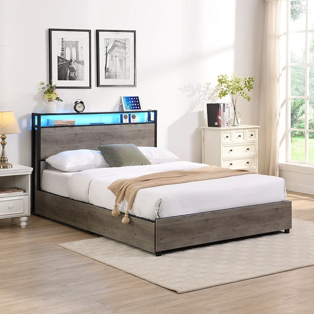 Alt view image 7 of 7 - Queen Bed Frame, Storage Headboard with Charging Station, Solid and Stable, Noise Free, No Box Spring Needed, Easy Assembly