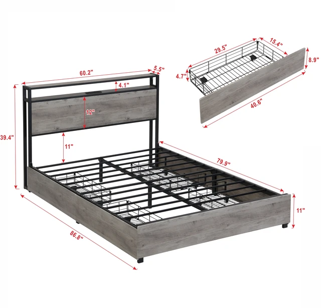 Alt view image 3 of 7 - Queen Bed Frame, Storage Headboard with Charging Station, Solid and Stable, Noise Free, No Box Spring Needed, Easy Assembly