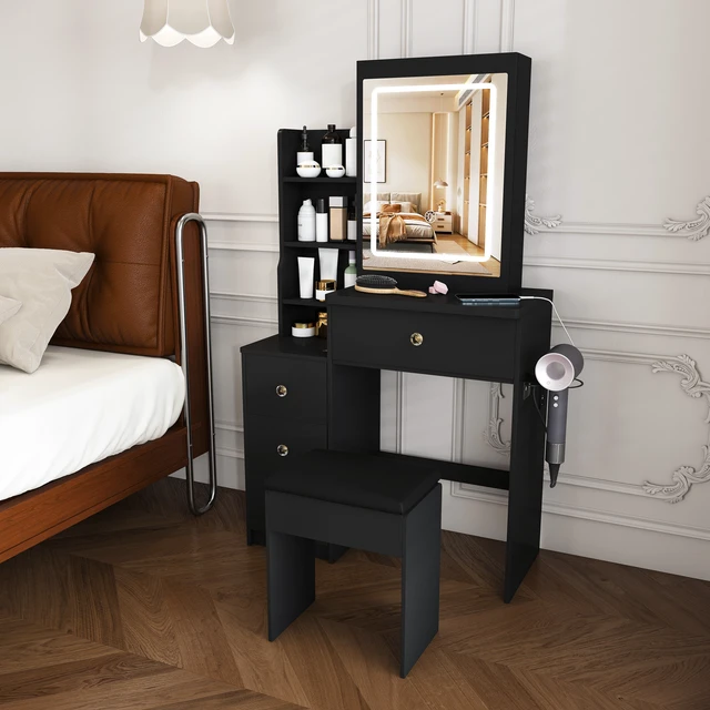 Alt view image 3 of 7 - Modern Vanity Desk ,featuring 3 modes of LED lighting with adjustable brightness , with 4 drawers and multiple open storage shelves, with a hair dryer holder and power socket, a dressing chair. Black
