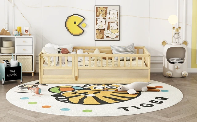 Alt view image 3 of 7 - Twin Size Floor bed, integral construction with super high security barrier, door, children's floor bed frame, Montessori wooden children's floor bed, Support slat Natural Wood(Patented model)