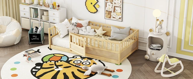 Alt view image 5 of 7 - Twin Size Floor bed, integral construction with super high security barrier, door, children's floor bed frame, Montessori wooden children's floor bed, Support slat Natural Wood(Patented model)