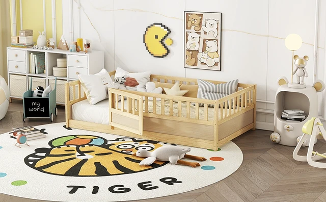 Alt view image 6 of 7 - Twin Size Floor bed, integral construction with super high security barrier, door, children's floor bed frame, Montessori wooden children's floor bed, Support slat Natural Wood(Patented model)