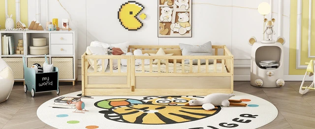 Alt view image 4 of 7 - Twin Size Floor bed, integral construction with super high security barrier, door, children's floor bed frame, Montessori wooden children's floor bed, Support slat Natural Wood(Patented model)
