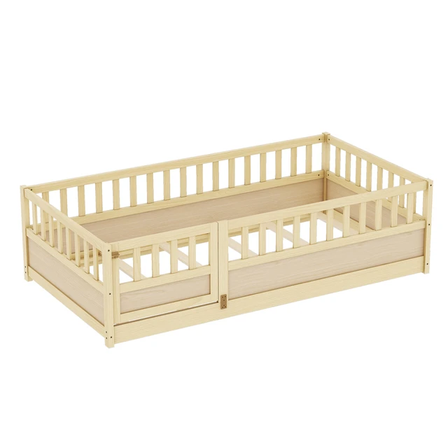Alt view image 7 of 7 - Twin Size Floor bed, integral construction with super high security barrier, door, children's floor bed frame, Montessori wooden children's floor bed, Support slat Natural Wood(Patented model)