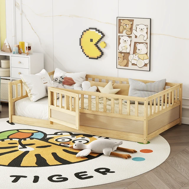 Alt view image 2 of 7 - Twin Size Floor bed, integral construction with super high security barrier, door, children's floor bed frame, Montessori wooden children's floor bed, Support slat Natural Wood(Patented model)