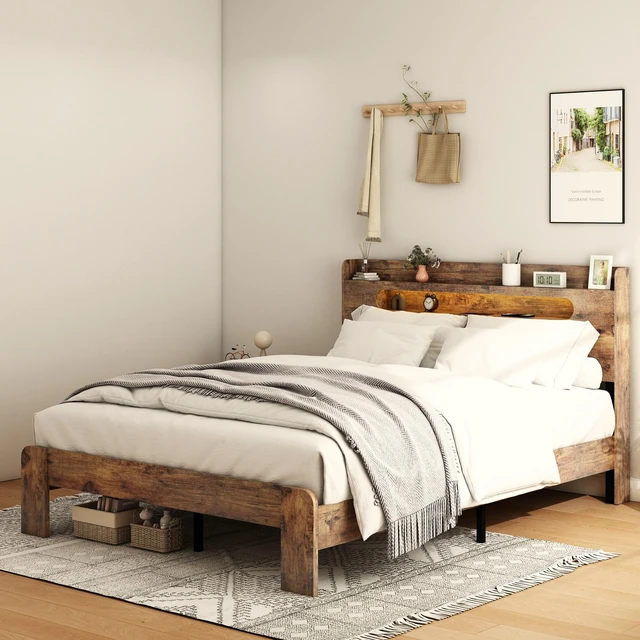 Main image of Bed Frame Full Size, Wood Platform Bed Frame with Storage LED Light Headboard and 2 USB , Noise Free,No Box Spring Needed and Easy Assembly Tool,Large Under Bed Storage,Dark Brown