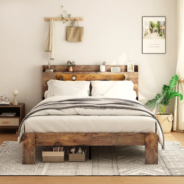 Alt view image 2 of 7 - Bed Frame Full Size, Wood Platform Bed Frame with Storage LED Light Headboard and 2 USB , Noise Free,No Box Spring Needed and Easy Assembly Tool,Large Under Bed Storage,Dark Brown