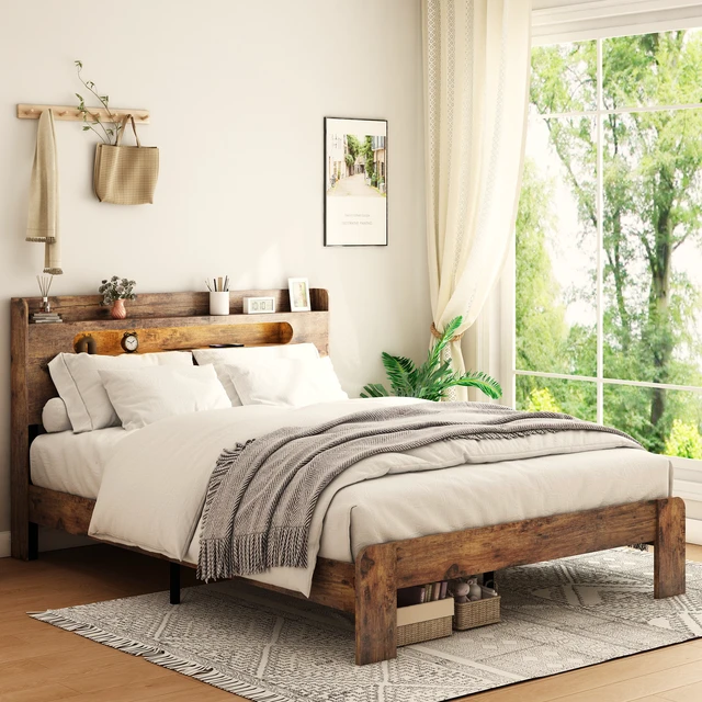 Alt view image 3 of 7 - Bed Frame Full Size, Wood Platform Bed Frame with Storage LED Light Headboard and 2 USB , Noise Free,No Box Spring Needed and Easy Assembly Tool,Large Under Bed Storage,Dark Brown
