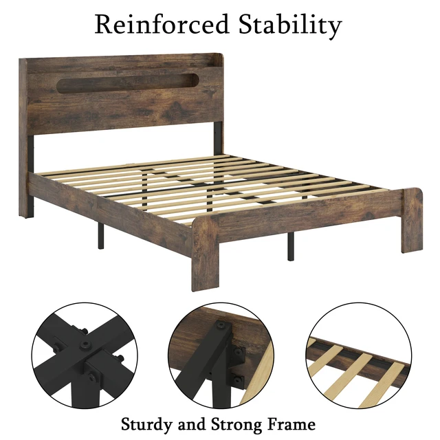Alt view image 6 of 7 - Bed Frame Full Size, Wood Platform Bed Frame with Storage LED Light Headboard and 2 USB , Noise Free,No Box Spring Needed and Easy Assembly Tool,Large Under Bed Storage,Dark Brown