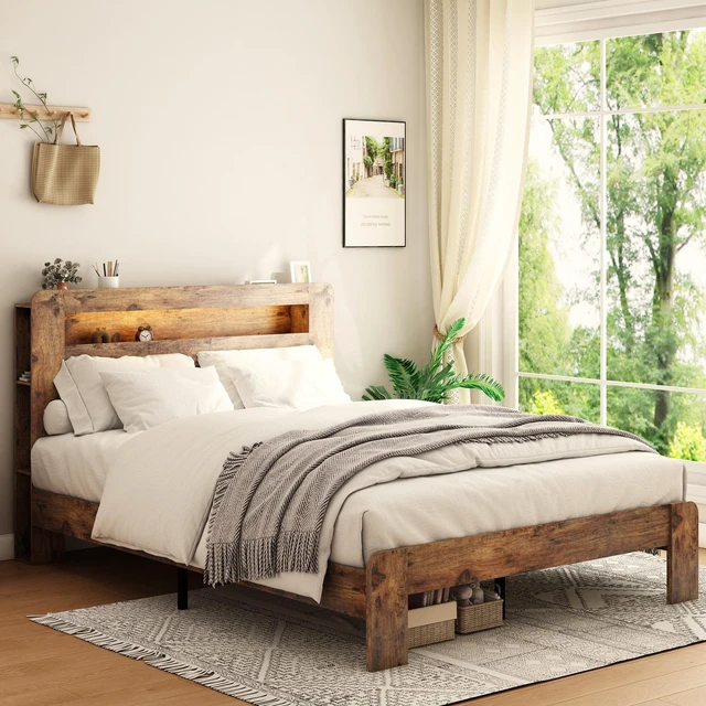 Main image of Bed Frame Full Size, Wood Platform Bed Frame with Storage LED Light Headboard and 2 USB , Noise Free,No Box Spring Needed and Easy Assembly Tool,Large Under Bed Storage,Dark Brown