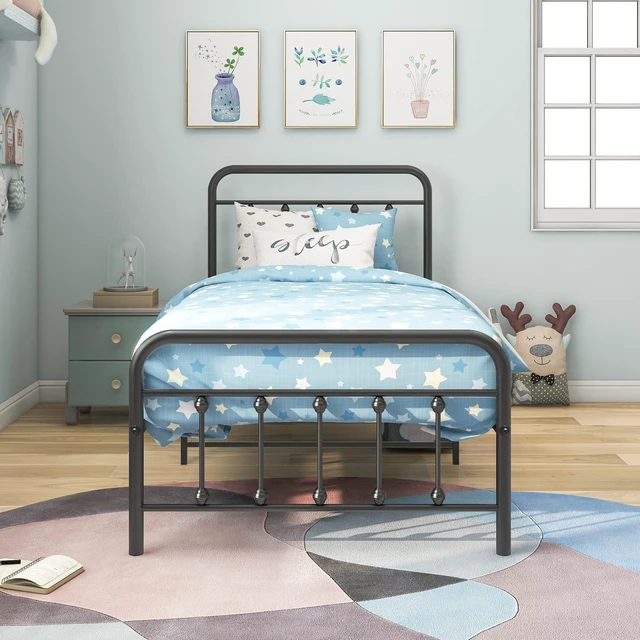 Main image of Metal Platform Bed Frame, Victorian Style Headboard/Footboard/Under Bed Storage/No Box Spring Needed/Twin Size Black