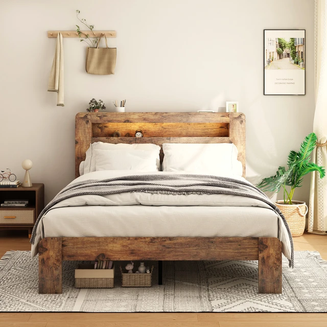 Alt view image 2 of 7 - Bed Frame Full Size, Wood Platform Bed Frame with Storage LED Light Headboard and 2 USB , Noise Free,No Box Spring Needed and Easy Assembly Tool,Large Under Bed Storage,Dark Brown