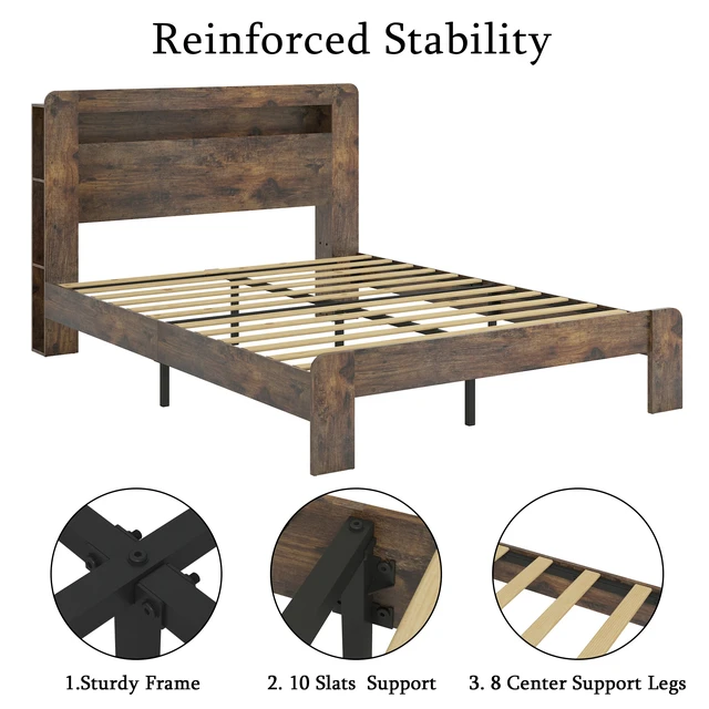 Alt view image 5 of 7 - Bed Frame Full Size, Wood Platform Bed Frame with Storage LED Light Headboard and 2 USB , Noise Free,No Box Spring Needed and Easy Assembly Tool,Large Under Bed Storage,Dark Brown