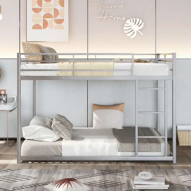 Alt view image 2 of 7 - Full over Full Metal Bunk Bed, Low Bunk Bed with Ladder, Silver