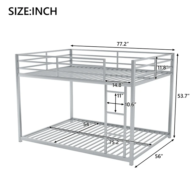 Alt view image 4 of 7 - Full over Full Metal Bunk Bed, Low Bunk Bed with Ladder, Silver