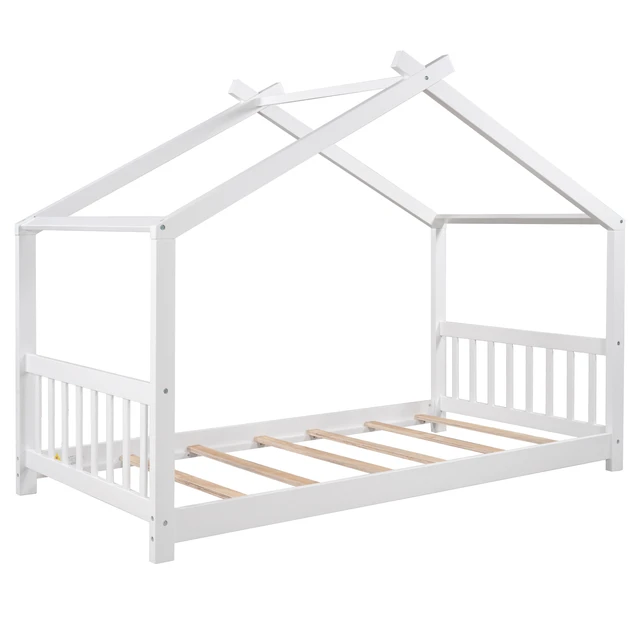 Alt view image 5 of 7 - Twin Size House Platform Bed with Headboard and Footboard, Roof Design, White