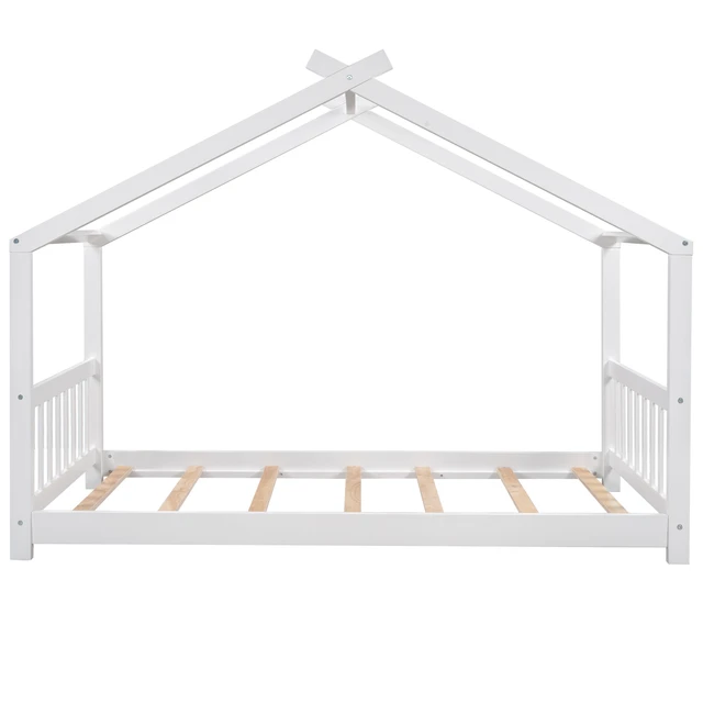 Alt view image 6 of 7 - Twin Size House Platform Bed with Headboard and Footboard, Roof Design, White