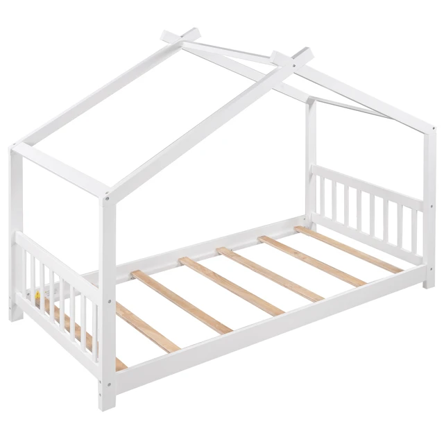 Alt view image 4 of 7 - Twin Size House Platform Bed with Headboard and Footboard, Roof Design, White