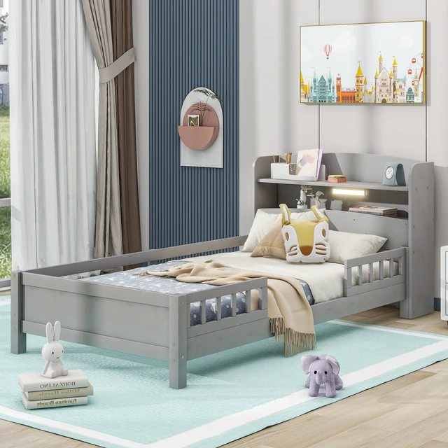 Alt view image 3 of 7 - Wood Twin Size Platform Bed with Built-in LED Light, Storage Headboard and Guardrail, Antique Grey