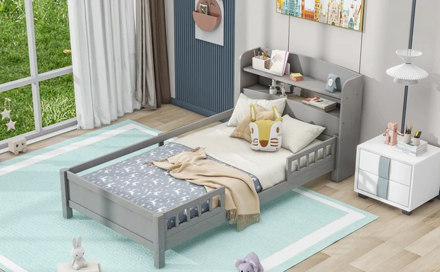 Alt view image 5 of 7 - Wood Twin Size Platform Bed with Built-in LED Light, Storage Headboard and Guardrail, Antique Grey