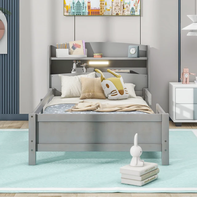 Alt view image 2 of 7 - Wood Twin Size Platform Bed with Built-in LED Light, Storage Headboard and Guardrail, Antique Grey
