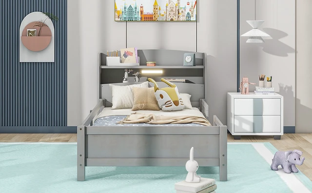Alt view image 6 of 7 - Wood Twin Size Platform Bed with Built-in LED Light, Storage Headboard and Guardrail, Antique Grey