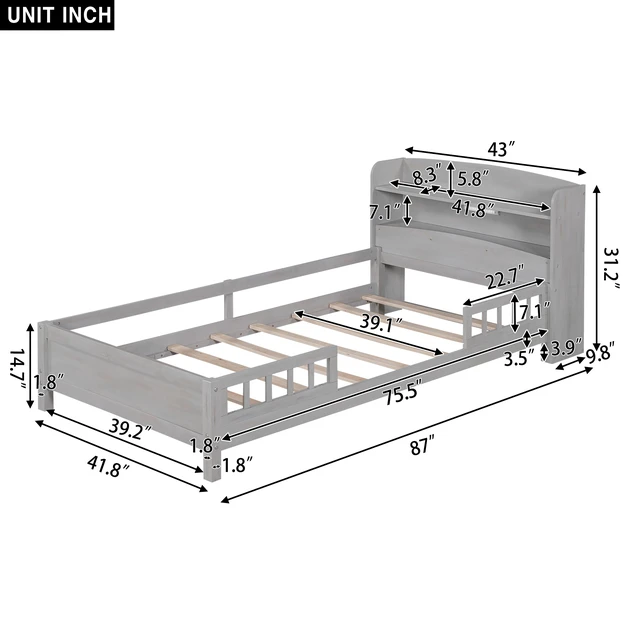 Alt view image 7 of 7 - Wood Twin Size Platform Bed with Built-in LED Light, Storage Headboard and Guardrail, Antique Grey