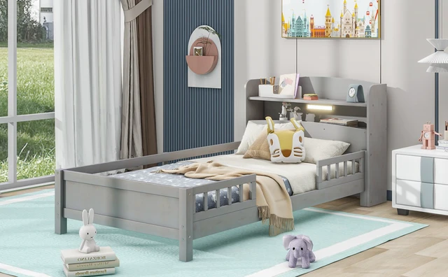 Alt view image 4 of 7 - Wood Twin Size Platform Bed with Built-in LED Light, Storage Headboard and Guardrail, Antique Grey