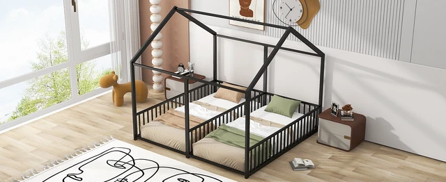 Alt view image 5 of 7 - Metal Twin Size House Platform Beds, Two Shared Beds, Black