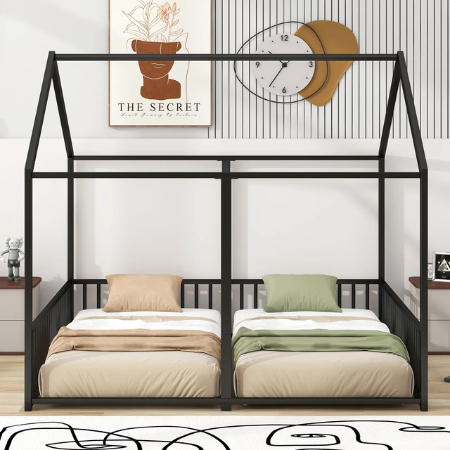 Alt view image 3 of 7 - Metal Twin Size House Platform Beds, Two Shared Beds, Black