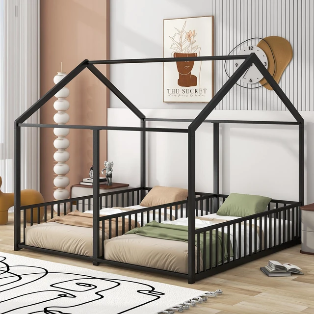 Main image of Metal Twin Size House Platform Beds, Two Shared Beds, Black