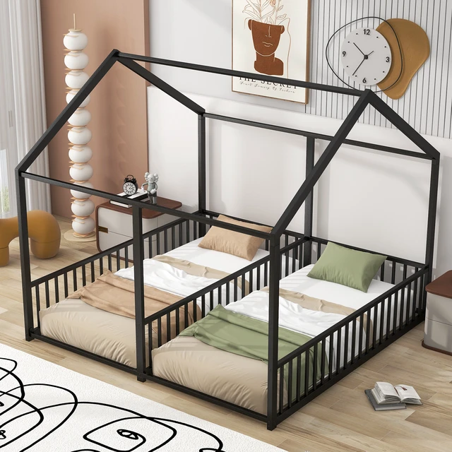 Alt view image 2 of 7 - Metal Twin Size House Platform Beds, Two Shared Beds, Black