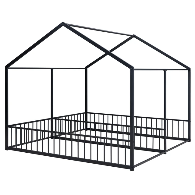 Alt view image 7 of 7 - Metal Twin Size House Platform Beds, Two Shared Beds, Black