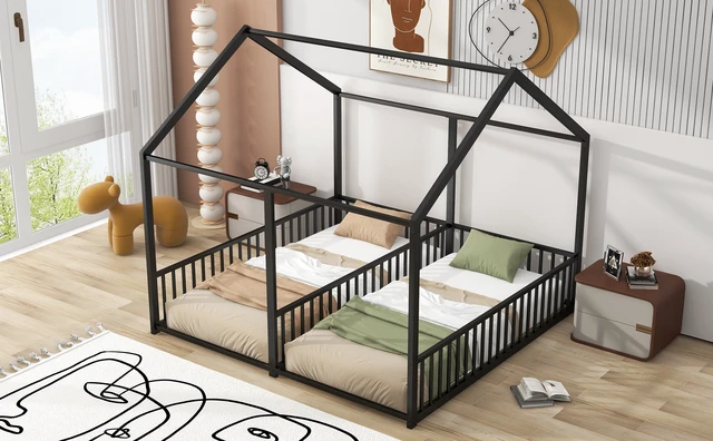 Alt view image 4 of 7 - Metal Twin Size House Platform Beds, Two Shared Beds, Black