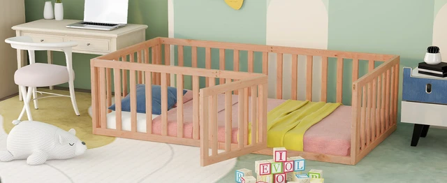 Alt view image 6 of 7 - Twin Size Wood Floor Bed Frame with Fence and Door, Natural