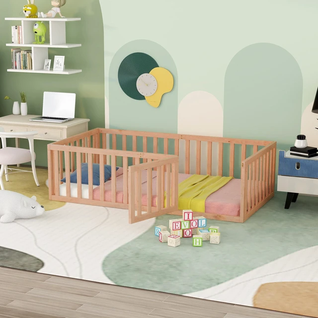 Main image of Twin Size Wood Floor Bed Frame with Fence and Door, Natural