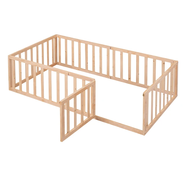 Alt view image 7 of 7 - Twin Size Wood Floor Bed Frame with Fence and Door, Natural