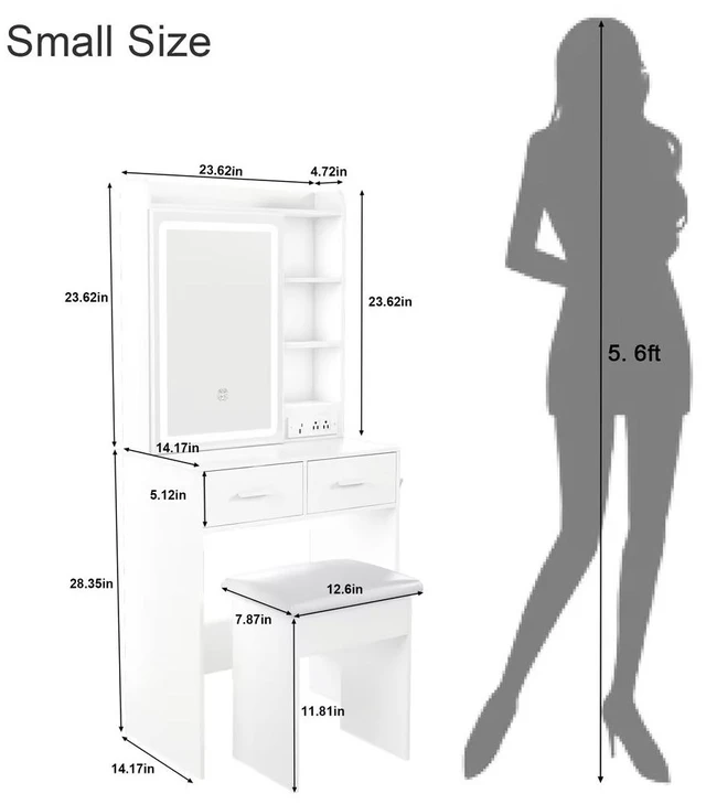Alt view image 3 of 7 - Small Makeup Vanity Desk with Mirror & Adjustable LED Lights,Built-in Power Outlet & Hidden Storage, Includes padded stool & Shelf,Space-Saving Dressing Table for Small Bedrooms,White