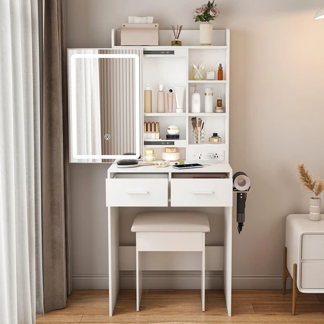 Alt view image 2 of 7 - Small Makeup Vanity Desk with Mirror & Adjustable LED Lights,Built-in Power Outlet & Hidden Storage, Includes padded stool & Shelf,Space-Saving Dressing Table for Small Bedrooms,White