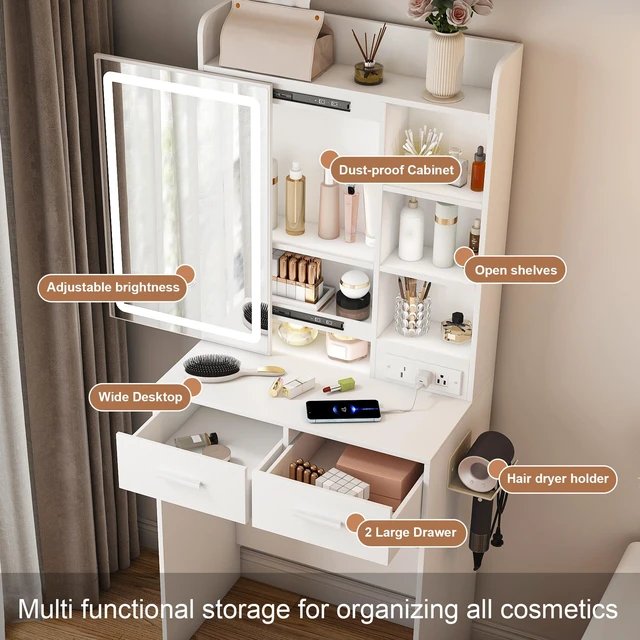 Alt view image 4 of 7 - Small Makeup Vanity Desk with Mirror & Adjustable LED Lights,Built-in Power Outlet & Hidden Storage, Includes padded stool & Shelf,Space-Saving Dressing Table for Small Bedrooms,White