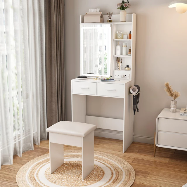 Alt view image 7 of 7 - Small Makeup Vanity Desk with Mirror & Adjustable LED Lights,Built-in Power Outlet & Hidden Storage, Includes padded stool & Shelf,Space-Saving Dressing Table for Small Bedrooms,White