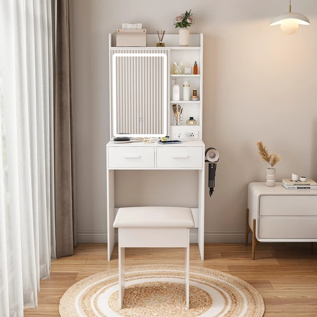 Main image of Small Makeup Vanity Desk with Mirror & Adjustable LED Lights,Built-in Power Outlet & Hidden Storage, Includes padded stool & Shelf,Space-Saving Dressing Table for Small Bedrooms,White